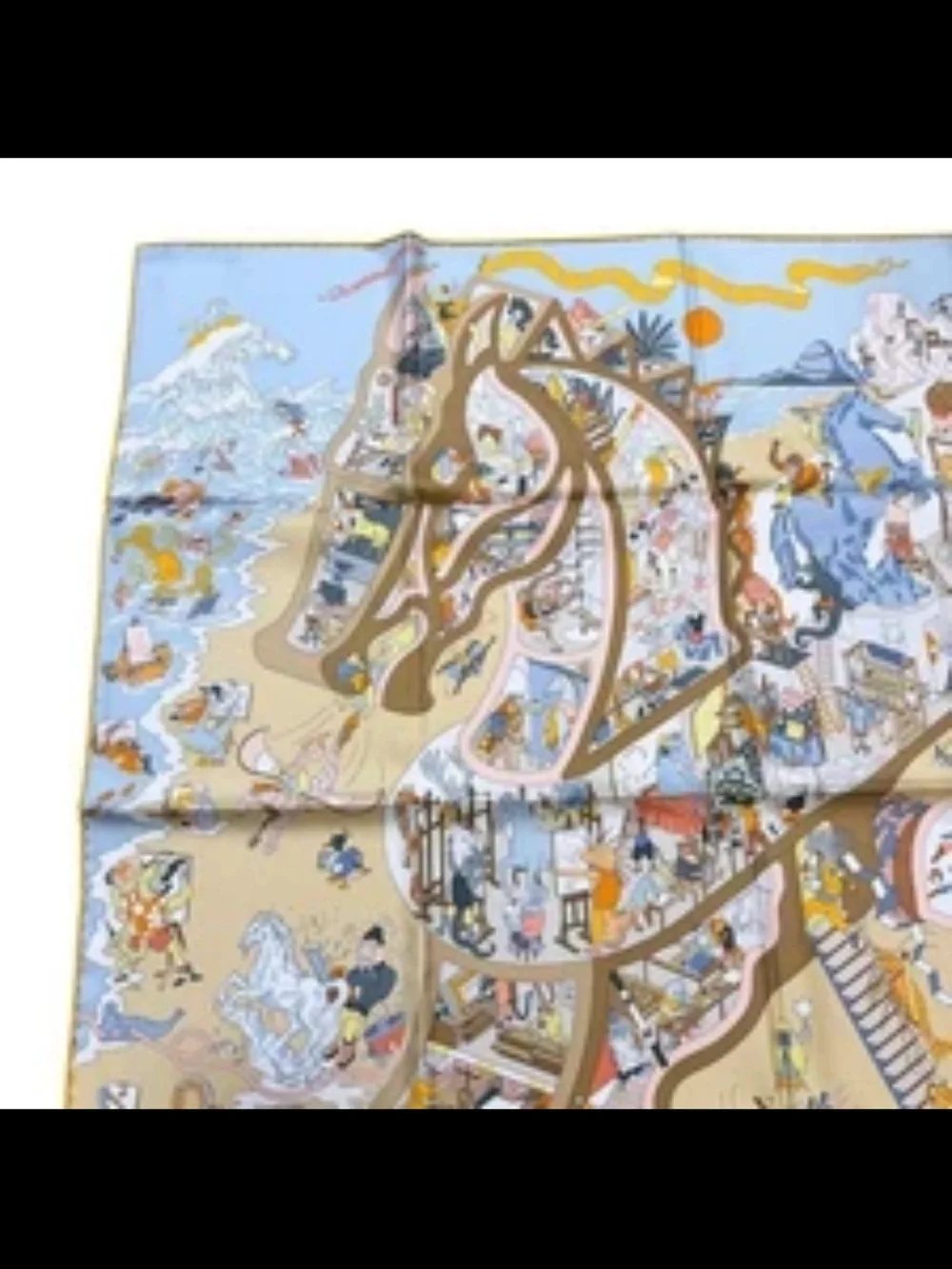Hermes Silk Scarf Throw in Beige and Light Blue with Orange Accents
